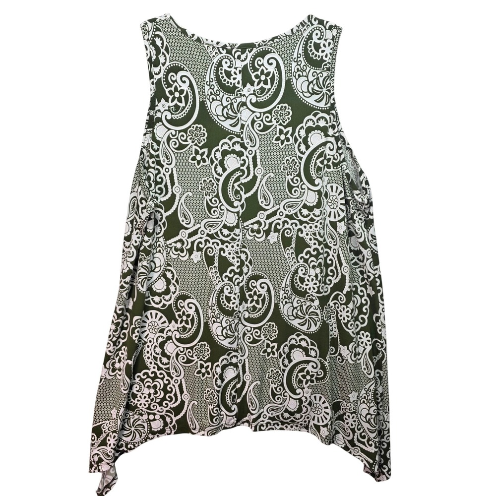 SJS Tank Top Womens 2X Green Paisley Lattice Vneck Sharkbite Hem USA Textured - Picture 2 of 9